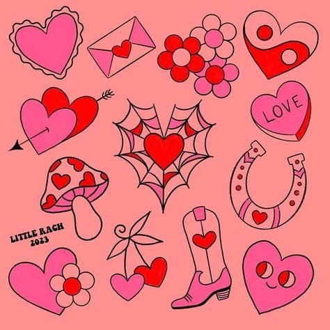 Traditional Valentines Flash, Valentine Day Flash Tattoo, Heart Themed Tattoos, Barbie Flash Tattoo, Pink And Red Tattoo, Y2k Flash Tattoo, Red Flash Tattoo, Lovecore Tattoo, Pink Tattoo Flash