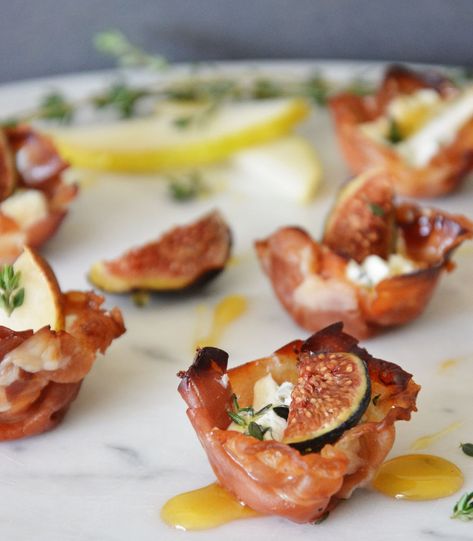 Prosciutto Cups with Goat Cheese, Fig & Pear Prosciutto Cups, Goat Cheese Fig, Fig Appetizer, Prosciutto Appetizer, Bacon Cups, Local Honey, Snacks Für Party, Easy Appetizer Recipes, Party Food Appetizers