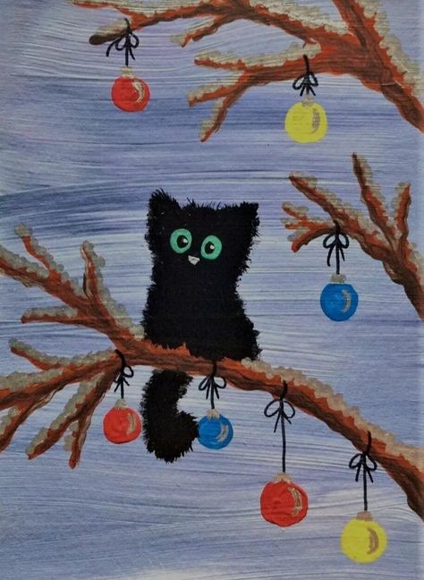 Christmas Acrylic Painting, Christmas Cat Art, Acrylic Painting Easy, Paint A Picture, Winter Cat, Painting Easy, Christmas Cat, Cat Painting, Christmas Cats