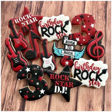 Rock And Roll Birthday Cookies, Rock N Roll Cookies Decorated, Rock And Roll Sugar Cookies, One Rocks First Birthday Cookies, One Rocks Cookies, Rock N Roll Cookies, Born Two Rock Birthday Cake, Rock And Roll Cookies, Rockstar Cookies