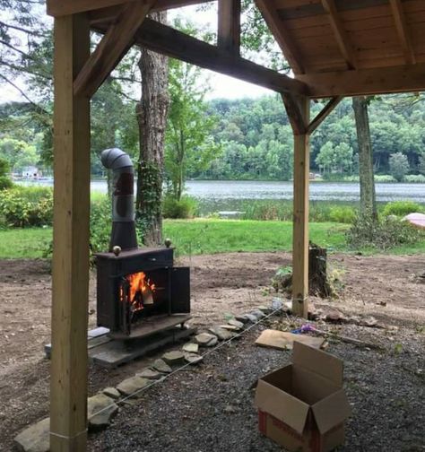 Outdoor Wood Burning Stove Ideas, Wood Stove Outdoor Ideas, Outdoor Stove Ideas, Outside Wood Stove, Outdoor Wood Burning Stove, Outdoor Chimney, Build Outdoor Fireplace, Outdoor Wood Burner, Gazebo Decor