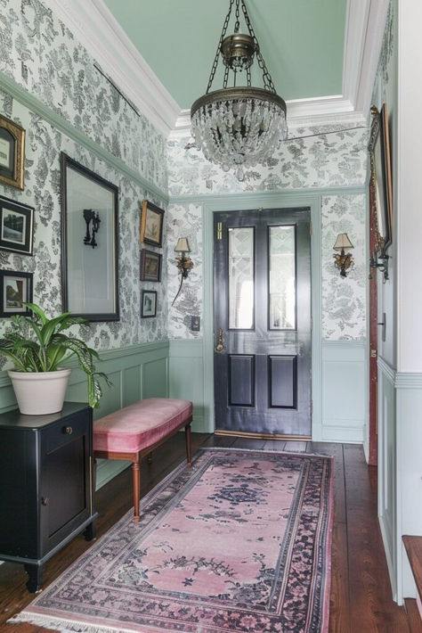 Revamp your hallway with 10 chic modern vintage decor ideas. Explore ways to incorporate vintage finds into a modern setting for a stylish entryway. #DecorInspiration #VintageHallway #HomeTrends Pastel Entryway, Ideas For Hallways, Bold Entryway, Dramatic Entryway, Green Entryway, Stylish Entryway, Vintage Decor Ideas, Regency Decor, House Upgrades