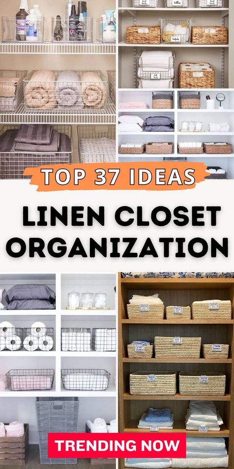 Elevate your home with LINEN CLOSET ORGANIZATION ideas that bring style and practicality to any space. From large hallways to tiny apartments, these hacks will help organize sheets and towels efficiently. Use dollar tree labels, farmhouse-inspired touches, or modern folding techniques to upgrade your laundry room, bedroom, or bathroom storage. Guest Linen Closet Organization, Sheet And Towel Storage, How To Fold Towels For Linen Closet, Maximize Linen Closet Space, Organize Bath Towels Small Spaces, Towel Storage For Small Closet, Hallway Cabinet Organization, Storing Towels In Closet, Organizing Ideas For Bathroom Closet