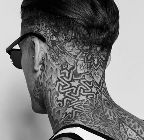 Back Of Neck Tattoo Men, Full Neck Tattoos, Geometric Chest, Nape Tattoo, Best Neck Tattoos, Throat Tattoo, Back Of Neck Tattoo, Neck Tattoo For Guys, Stephen James