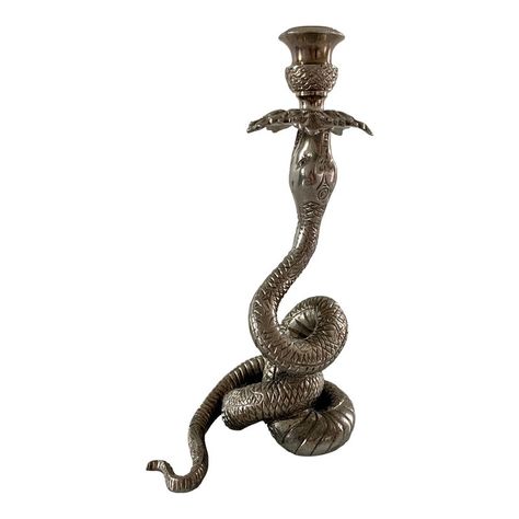 A wonderful Art Deco style silvered brass snake candle holder.  Circa Mid-20th Century  Measures: 4.5ʺW × 3.25ʺD × 8.63ʺH  Excellent original vintage condition. Minor patina expected with age and use. Snake Candle Holder, Vintage Signs Decor, Fun Beauty Products, Art Deco Candle, Stile Art, Serpent Snake, Black Houses, Animal Candles, Art Nouveau Decor