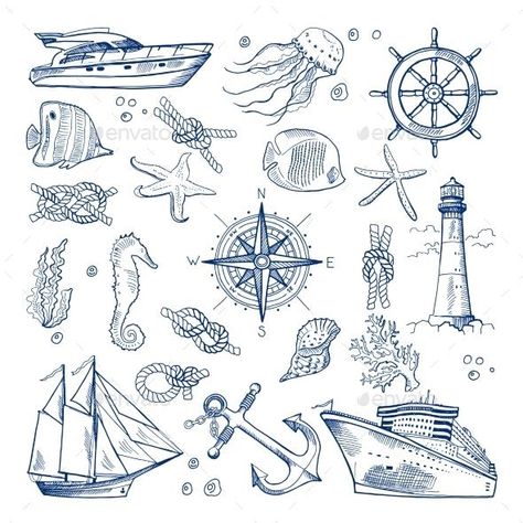 Sea or Ocean Underwater Life for $6 - Envato Market #BestDesignResources Marine Doodles, Ocean Drawing, Sea Drawing, Life Sketch, Ocean Underwater, Seaside Living, Style Character, Fish Illustration, Hand Drawn Vector Illustrations