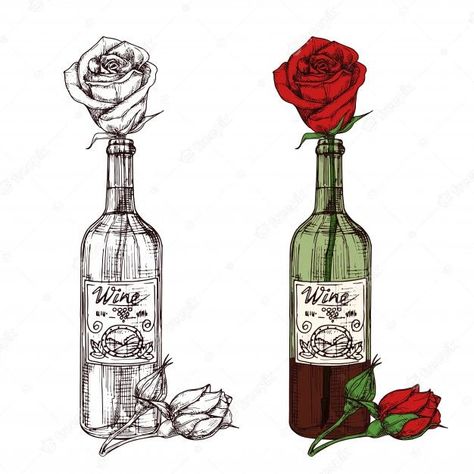 Beverage Drawing, Flower Vase Drawing, Wine Bottle Flowers, Wine Tattoo, Bottle Alcohol, Bottle Vector, Food Tattoos, Bottle Tattoo, Rose Drawing