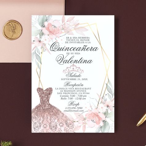 Gorgeous elegant Quinceañera (Mis Quince Años) watercolor floral invitations.  Blush pink roses with greenery and faux gold frame.  Faux glitter gown dress in pink. Editable template - easy to add your text - Spanish wording.  Perfect for girl's 15th birthday party. Quince Watercolor, Glitter Gown Dress, Invitation Quinceanera, Floral Pink Dress, Invitations Quinceanera, Quinceanera Pink, Watercolor Floral Invitation, Pink Quince, Quince Invitations