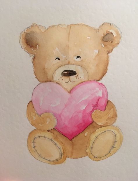 Teddy Bear Painting Canvas Easy, Watercolor Teddy Bear Paintings, Watercolour Teddy Bear, Kids Paint Night, Door Sketch, Teddy Bear Watercolor, Gouache Water, Painting Basics, Monogram Painting