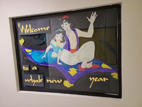 Classroom Window Ideas, Window Bulletin Board, Classroom Window, Disney Classroom, Musical Theme, Bulletin Board Ideas, Window Ideas, Disney Aladdin, Board Ideas