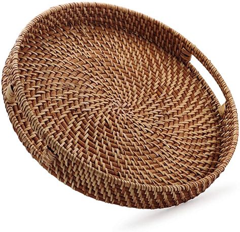 Amazon.com | Round Rattan Woven Serving Tray with Handles Ottoman Tray for Breakfast, Drinks, Snack for Coffee Table, Home Decorative (13.8"x2", Honey Brown): Serving Trays Breakfast Drinks, Tray With Handles, Ottoman Tray, Honey Brown, Serving Tray, Ottoman, Honey, Handles, Tray