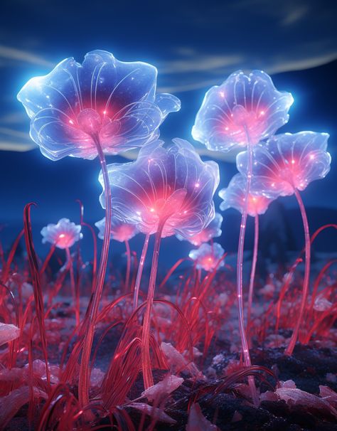 Ai Art. In Collaboration with MidJourney AI by noireaud ••• Midjourney Prompt: Small miniscure world of unique magical nature, warmth in the cold, clustered, amongst flower field, red, blue, delicate, high density, glowing intricate detailed unique colorful nature, very unique and alien like, beautiful complex highly detailed render, unreal engine, cinematic lighting, natural lighting, photorealistic, bold clear colors, abstract, art by Ron Arad, art by Chris Sanders Flower Planets Art, Alien Flowers Concept, Unreal Nature, Alien Flowers, Wallpaper Deco, Chris Sanders, Magical Flowers, Magic Flower, Book Illustration Design