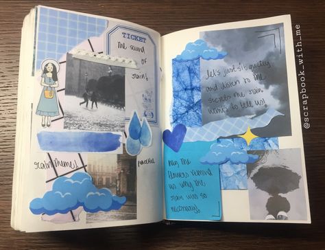 Please Follow @scrapbook_with_me on Instagram! Rain Meme, Scrapbook Spreads, Couple Scrapbook, Blue Journal, Rainy Mood, Themed Journal, Art Journal Therapy, Sound Of Rain, Scrapbook Journal