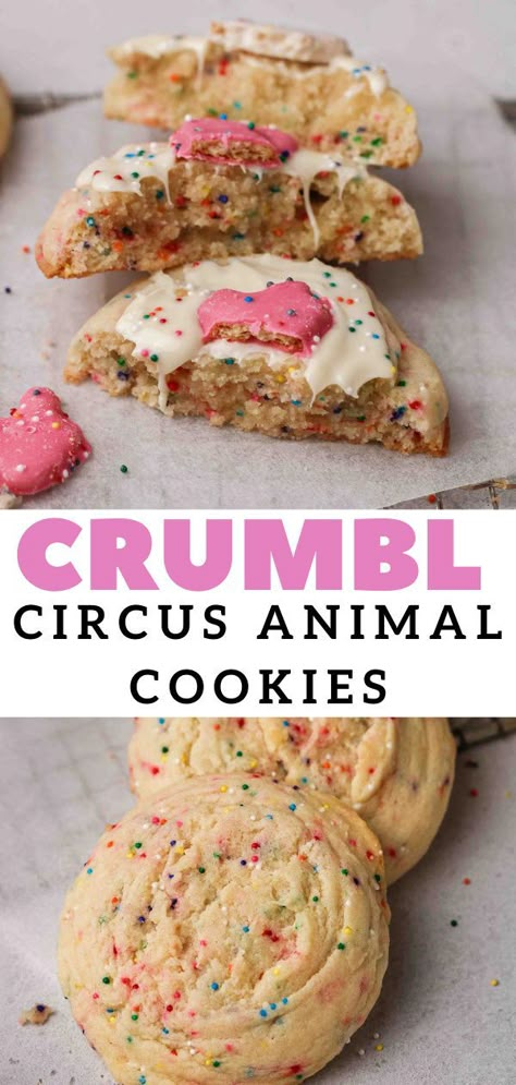 Circus Animal Crumbl Cookie, Crumble Cookie Copycat Recipe Circus Animal, Frosted Circus Animal Cookies, Crumbl Recipes, Animal Cookies Recipe, Animal Sugar Cookies, Circus Animal Cookies, Crumbl Copycat, Sugary Treats