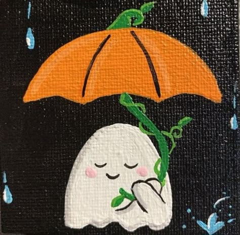 Cute Spooky Canvas Painting, Acrilic Paintings Ideas Fall, Canvas Ghost Painting, Ghost Holding Pumpkin Painting, Mini Halloween Canvas Paintings, Mini Easel Painting Ideas, Ghost Painting Ideas Easy, Pumpkin Wood Painting, Cute Paintings On Pumpkins