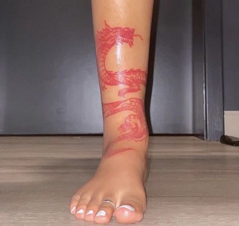 Baddie Foot Tattoos, Red Foot Tattoos, Red Ink Tattoos Women, Baddie Hand Tattoos, Foot Tattoo Ideas, Baddie Tattoos, Red Dragon Tattoo, Cute Hand Tattoos, Dragon Tattoo For Women