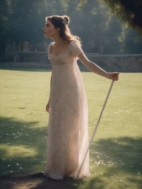 Pride And Prejudice Dress Gowns, Period Piece Dresses, Regency Dress Historical, Regency Era Dresses Evening Gowns, Modern Regency Fashion, Regency Dress Aesthetic, Regency Nightgown, Regency Inspired Fashion, Pride And Prejudice Costumes