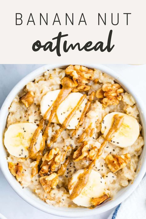 Enjoy easy and healthy banana nut oatmeal for breakfast! This oatmeal is perfectly creamy and topped with walnuts, banana and peanut butter. A filling breakfast to fuel you for the day. Vegan + gluten-free. Oatmeal With Egg Whites, Oatmeal With Egg, Healthy Oatmeal Bowl, High Protein Oatmeal, Banana Nut Oatmeal, Baked Pumpkin Oatmeal, Healthy Oatmeal Recipes, Breakfast Oatmeal Recipes, Protein Oatmeal