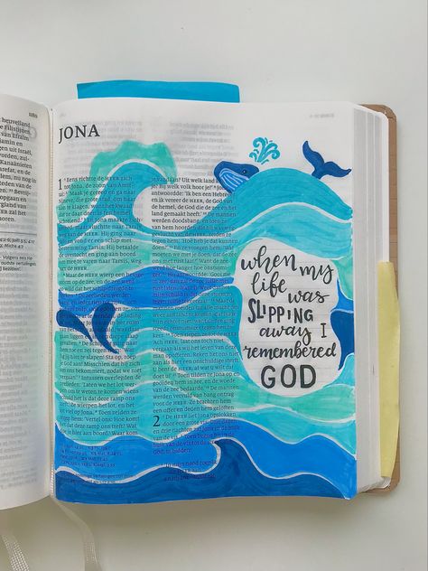 Jonah Quotes Bible, Jonah And The Whale Bible Verse, Drawings In Bible, Jonah Bible Journaling, Jonah Bible Study, Biblia Aesthetic, Jonah Bible, Bible Journal Stickers, Blue Bible