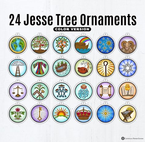 24 Jesse Tree Printable Color Ornaments PDF, Full Color Ornaments, Catholic Printable Ornaments, Instant Download, Advent Decor Jesse Tree The Jesse Tree, Jesse Tree Ornaments Diy Free Printable, Jesse Tree Ornaments Diy, Advent Decor, Printable Ornaments, Advent Ornaments, Jesus Story, Color Ornaments, Jesse Tree Advent