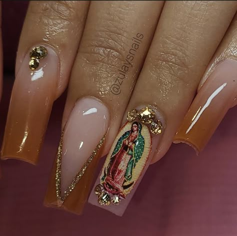 Guadalupe Nails, Virgencita Nails, Sinaloa Nails, Uni Nails, Acrylic Nail Designs Classy, Mexican Nails, Quince Nails, Acrylic Nail Designs Coffin, Quinceanera Nails