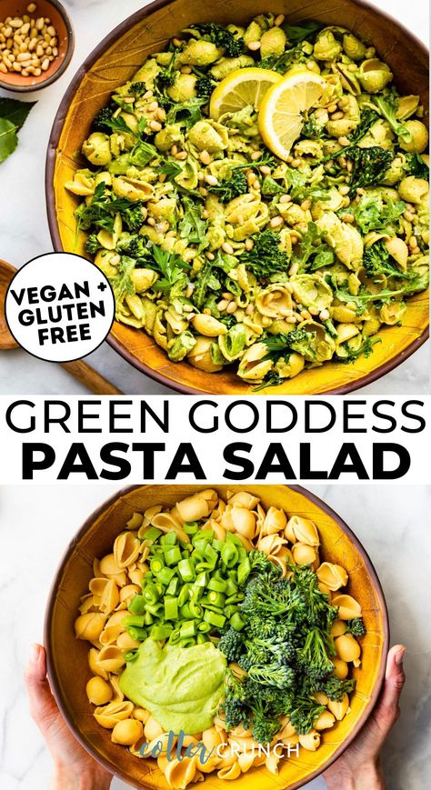 This Green Goddess Vegan Pasta Salad is made with simple and nourishing ingredients that come together in minutes. This vegan salad and allergy-friendly recipe, is the perfect light lunch. Make it ahead of time for meal prep or take it to summer picnics, barbecues, and more! Use gluten free pasta like chickpea pasta and fresh vegetables in this vegan pasta bowl. Salads Dairy Free Gluten Free, Vegan Green Goddess Pasta Salad, Vegan Oil Free Pasta Salad, Green Goddess Salad Vegan, Healthy Vegan Pasta Salad, Paleo Pasta Salad Recipes, Vegan Salad Bowl Recipes, Best Vegan Pasta Salad, Vegan Summer Meal Prep