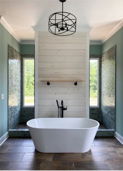 Dream Bathroom Master Baths Bathtubs Soaker Tub, Master Bath Soaker Tub, Double Soaker Tub, Bathtub Center Of Room, Shower With Tub In Front Of It, Soaking Tub Bathroom Ideas, Master Bathtubs, Freestanding Tub With Shower, Walk Through Shower Behind Tub