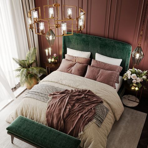 Green And Pink Velvet Bedroom, Red Gold Bedroom Ideas, Mauve Room Aesthetic, Bedroom Inspirations Pink And Gold, Moody Green And Pink Bedroom, Green Bedroom With Pink Accents, Vintage Glam Bedroom Decor, Teal And Burgundy Bedroom, Burgundy Gold Bedroom