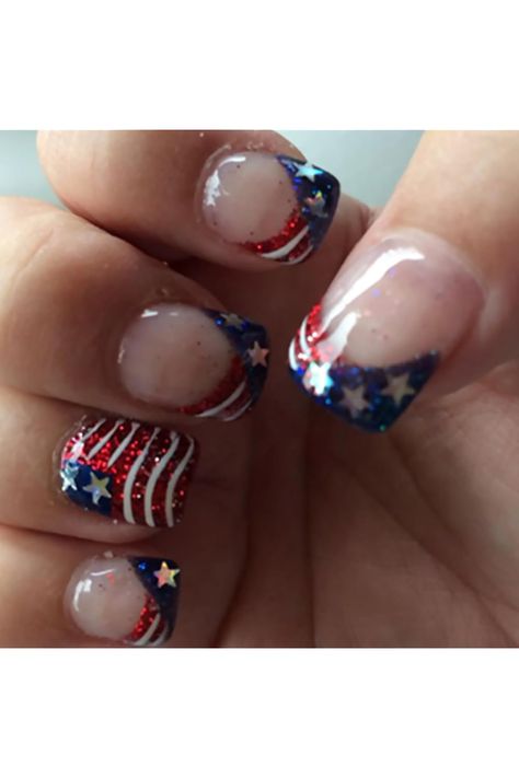 4th of July Press on Nails Short Square Independence Day Patriotic Fake Nails Blue Red Glitter French Tip False Nails With Star Designs Acrylic American Flag Nails for Women 24Pcs Marine Corps Nails, Red Glitter French Tip, Fake Nails Blue, Glitter French Tip, American Flag Nails, Patriotic Nails Design, Flag Nails, Beach Nail Art, Patriotic Nails