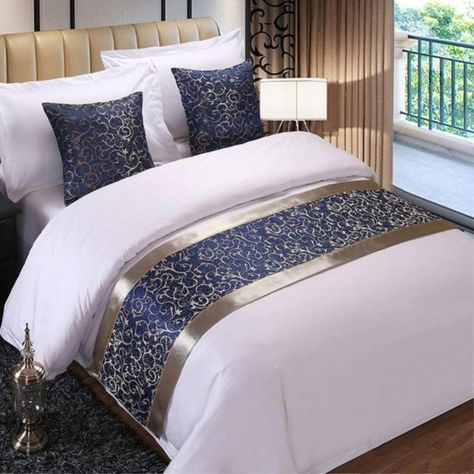 Bed Cover Design, Bed Decoration, Gold Bed, Bed Scarf, Modern Luxury Bedroom, Hotel Bed, Bed Runner, Hotel Decor, Blue Bedding