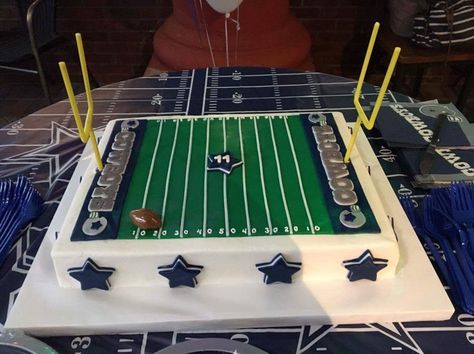 Dallas Cowboys Birthday Cake 12 x 16 torted sheet cake covered in buttercream with fondant accents. Goalposts made from straws over wire. Cowboys Birthday Cake, Dallas Cowboys Birthday Cake, Nfl Cake, Cowboys Cake, Dallas Cowboys Cake, Dallas Cowboys Theme, Dallas Cowboys Birthday, Dallas Cowboys Party, Cowboy Birthday Cakes