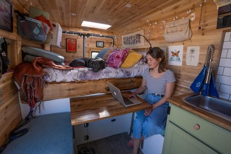 Her Van with a Skylight & Lazy Susan Promaster Camper Van, Van Dwelling, Tiny House Talk, Habitat For Humanity Restore, 9 5 Job, U Shaped Kitchen, Micro House, Work Routine, Habitat For Humanity