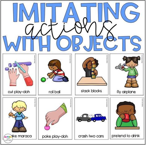 Tara Phillips, Preschool SLP on Instagram: "Imitation is the basis for developing new skills in all areas of development. This is especially true for learning communication and developing social skills. Babies and toddlers learn new things quickly and efficiently by cueing in and watching those around them. For autistic children, imitation is often difficult. This resource will help you start to address imitation by encouraging imitation with objects. This "Imitating Actions With Objects" resou Areas Of Development, Speech Therapy Activities Articulation, Early Intervention Activities, Aba Therapy Activities, Speech Therapy Tools, Toddler Speech, Social Skills Training, Early Intervention Speech Therapy, Slp Activities