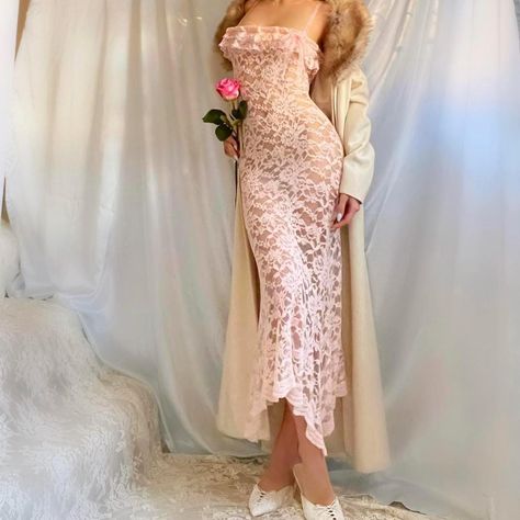 Handcrafted Baby Pink Ruffle Asymmetric Hem Fairy Lingerie Midi Dress ️ Size XS. One-of-one. Would best fit a 21-26in waist and 32-38in hips.  Made from a high-quality vintage embroidered lace fabric, raw silk bow & light pink satin straps.  I will not be accepting any offers on my handmade items <3