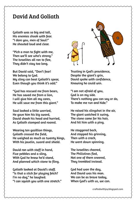 Kids' Bible story poem about David and Goliath Bible Stories For Kids Sunday School, Bible Stories For Toddlers, Goliath And David, David And Goliath Activities, Bible School Crafts For Kids, David Craft, David And Goliath Craft, Funny Poems For Kids, David And Goliath Story