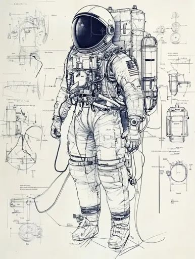 ↑↑↑ Larger size on website 🔸 A detailed pen and ink illustration of an astronaut in a spacesuit with a backpack.  The astronaut i How To Draw Astronaut, Astronaut Sketch, Drawing Astronaut, Neutral Pose, Astronaut Drawing, Architectural Sketches, Astronaut Design, Technical Illustration, The Astronaut