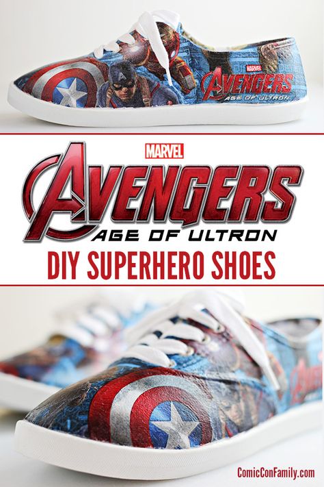 DIY Superhero Shoes - Learn how to make your own Marvel Avengers: Age of Ultron shoes with party napkins and Mod Podge! #ad #avengersunite Diy Avengers, Diy Superhero, Marvel Shoes, Cheesy Ham, Mod Podge Crafts, Avengers Superheroes, Disneyland Vacation, Vacation Tips, Modge Podge