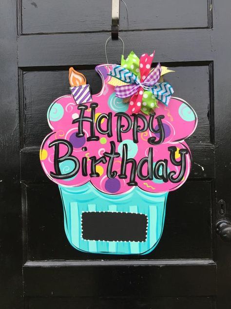 Birthday door hangercupcake door hangerHappy Birthday | Etsy Teacher Door Decorations, Sunshine Committee, Chalkboard Door, Birthday Door, Birthday Wreath, Teacher Door, Door Hangers Diy, Teacher Doors, Painted Items