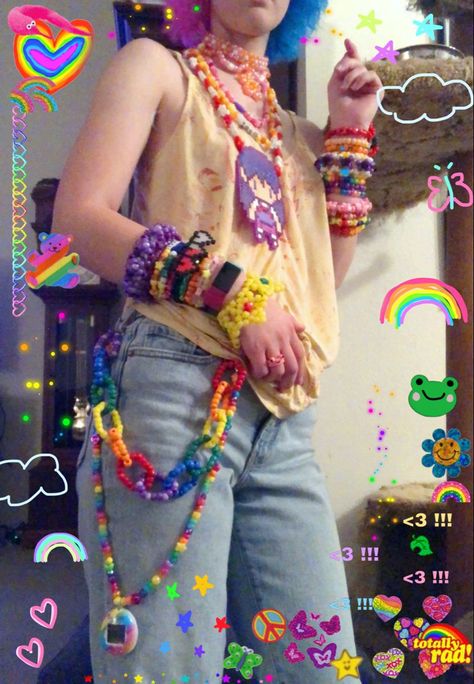 Kandi Core Outfit, Kandi Bracelets With Perler, Kandi Cuff With Perler, Tamagotchi Outfit, Kandi Pant Chain, Kandi Pants Chain, Kandi Star Belt Chain, Perler Chain, Kandi Glasses