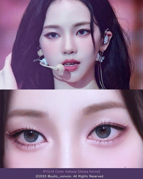 Karina Eye Makeup, Aespa Eye Makeup, Kpop Idol Makeup Look, Karina Makeup, Asian Eyes Makeup, Kpop Makeup, Monolid Makeup, Asian Makeup Looks, Cute Eye Makeup