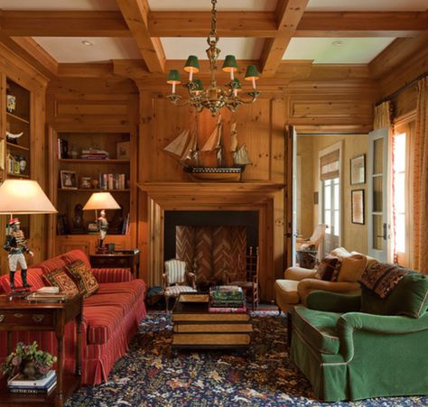 Knotty-Pine wood works in this room with high ceilings and so much architectural interest. (Also, it doesn't loo like there is the 1950's tongue and groove panelling.) Knotty Pine Rooms, Knotty Pine Paneling, Knotty Pine Walls, Traditional Family Room, Pine Walls, Knotty Pine, Family Room Design, Living Room Makeover, Style At Home