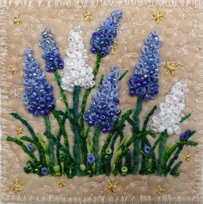 Blue and White Grape Hyacinths by Kirsten's Fabric Art, via Flickr. Loopy french knots, glass beads, couching, embroidery. Kirsten Chursinoff Áo Blu, Sulaman Pita, French Knot Embroidery, Pola Sulam, Brazilian Embroidery, French Knots, 자수 디자인, Silk Ribbon Embroidery, Crewel Embroidery