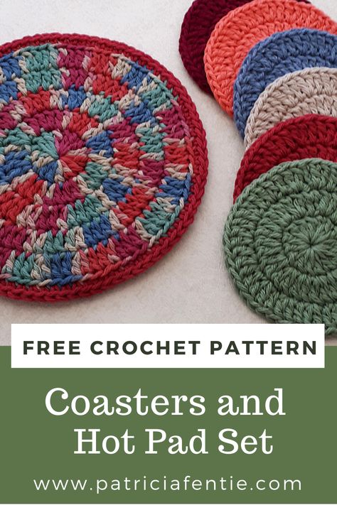 Get two FREE crochet patterns in one! Learn how to crochet a set of coasters in this beginner-friendly pattern and then carry on to create a lovely hot pad using the same stitches as the coasters. This hot pad and coaster set would make a perfect hostess gift, shower gift, Christmas gift, or as a project to sell on Etsy or at craft shows. It crochets up very quickly too! Check it out :) Pot Mat Hot Pads, Hot Mats Pot Holders, Handmade Trivets Hot Pads, Crochet Pot Coaster, Crochet Trivet Free Pattern Easy, Crocheted Trivets Hot Pads, Easy Crochet Hot Pads, Crochet Pot Holders Free Pattern Easy Hot Pads, Free Crochet Trivet Patterns