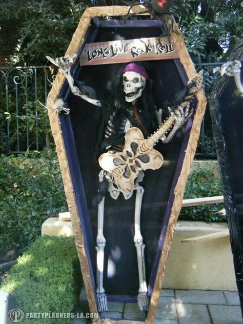 Rock out! Rock N Roll Halloween Decorations, Trunk Or Treat Rock And Roll, Rock N Roll Trunk Or Treat, Rock And Roll Trunk Or Treat, Rock And Roll Halloween, Halloween Band, Skeleton Theme, Skull Ideas, Skeleton Artwork