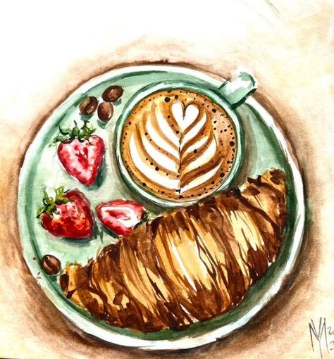 French Watercolor Paintings, Watercolor Coffee Painting, Cafe Watercolor Painting, Croissant Painting, Coffee Shop Painting, Bistro Art, Bakery Painting, Coffee Cup Painting, Cafe Painting