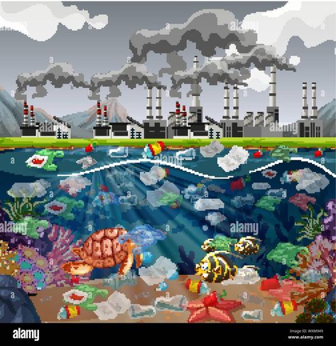 Télécharger ce vecteur : La pollution de l'eau avec des sacs en plastique dans l'illustration de l'océan - WXM949 depuis la bibliothèque d’Alamy parmi des millions de photos, illustrations et vecteurs en haute résolution. La Pollution, Monster Design, Ecology, Pollution, Mood Board, Chef, Illustrations, Drawings, Design