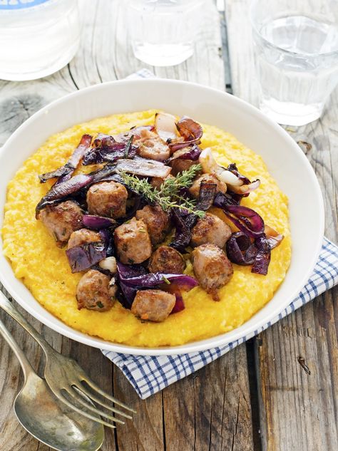 Butternut Squash Polenta, Crispy Sausage, Polenta Recipes, Squash Recipes, Grits, Polenta, Winter Food, Caramelized Onions, Butternut Squash