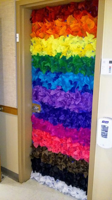 This is our crazy colorful preschool classroom door- tissue paper rainbow. Rainbow Door Decor, Colorful Preschool Classroom, School Year Themes, Classroom Door Displays, Rainbow Door, Classroom Door Decorations, Classroom Door Decor, Classroom Door Ideas, Paper Rainbow