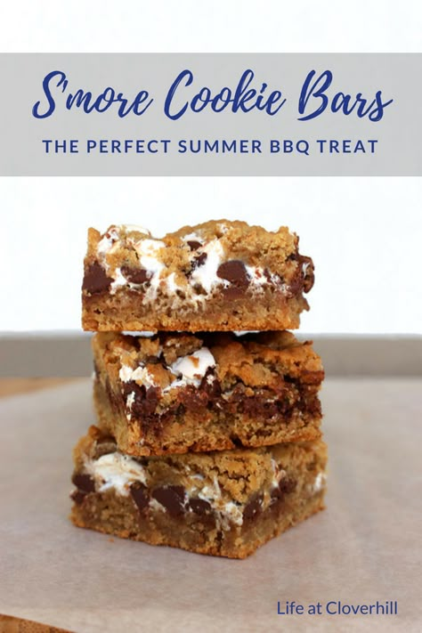 S'more Cookie Bars - Life at Cloverhill Summer Party Desserts, Cookout Desserts, Summer Cookie, Bbq Desserts, Graham Cracker Cookies, Smores Cookies, Cookies Bars, Cookie Bar, Easy Summer Desserts