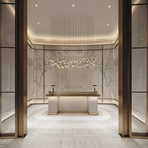 Minimal Partition Design, Luxury Lobby Design, Lobby Design Ideas, Salon Layout, Studio Munge, Glass Upper Cabinets, Dark Oak Flooring, City Square, Luxury Hospitality